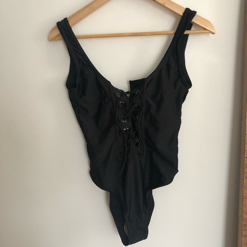 Lace tie up black one piece